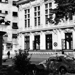 View on the roadside facade of The Romanian Academy of Sciences in the Beloiannis Street, Bucharest, Romania 1969. 