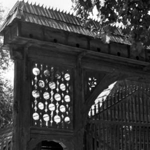 Romanian Village Museum in Bucharest, 1969. Wooden gate construction of a Szekler farm.