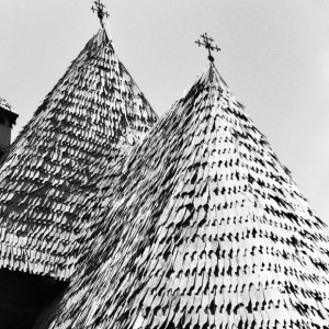  Romanian Village Museum in Bucharest, 1969. Wood shingle roof of the village church of Northern Transylvania.