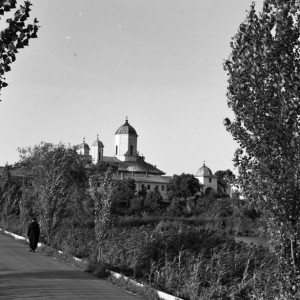 View from the access road to the monastery area and lake, Cernica, Romania, 1969.  