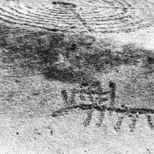 Petroglyphs of SILS CHAVENNA. Visit on May 25, 1970.  Animals with rider,